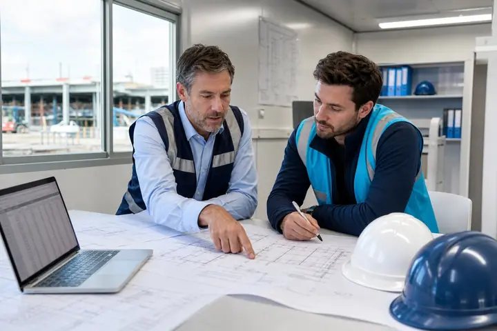 Estimators reviewing construction drawings together